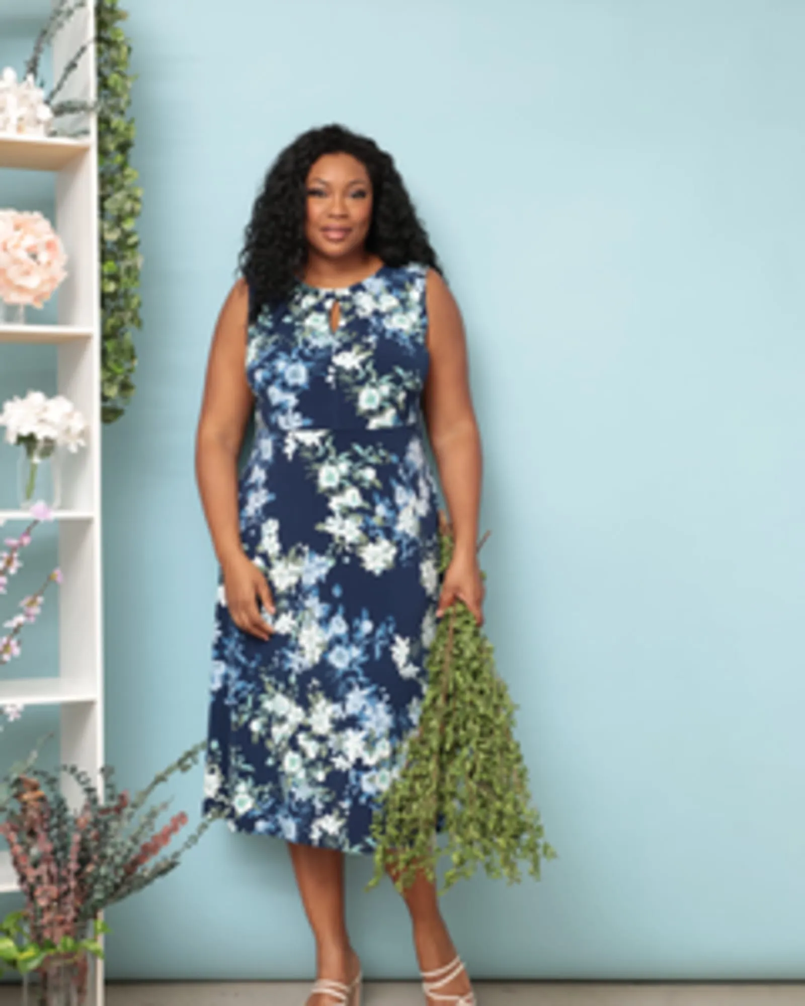 Jasmine Sleeveless Floral Midi Dress | Navy