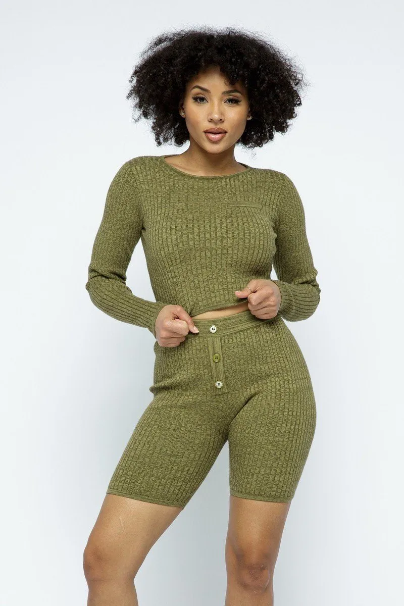 Knit LS Cropped Top Biker Shorts Set