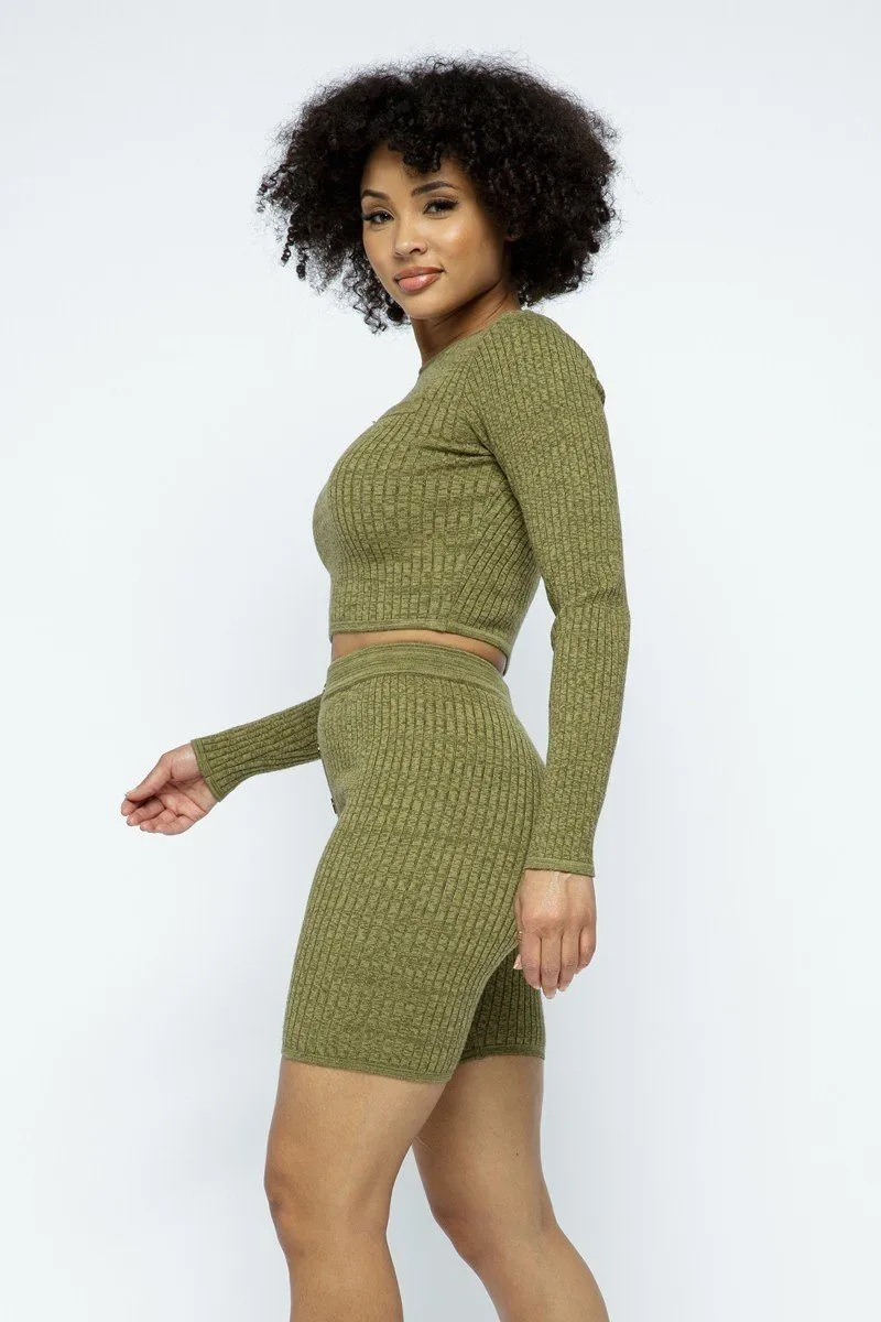 Knit LS Cropped Top Biker Shorts Set