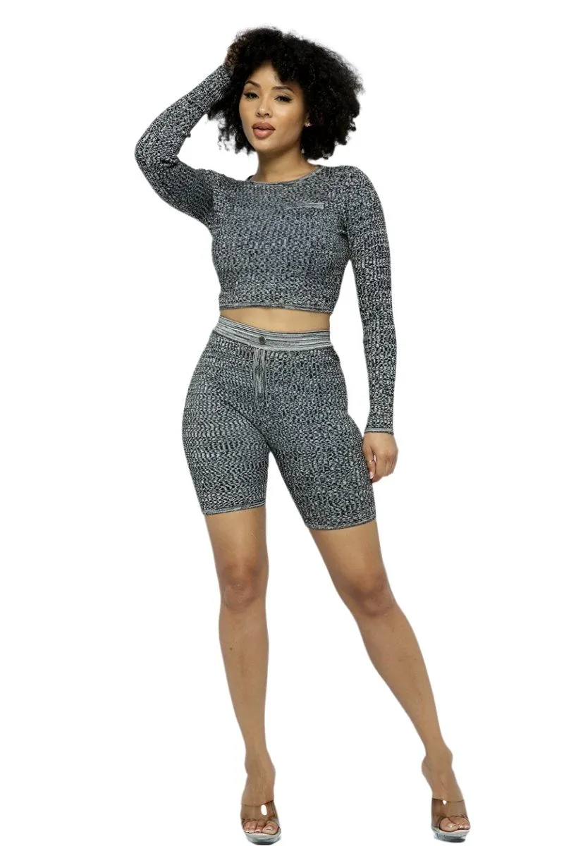 Knit LS Cropped Top Biker Shorts Set