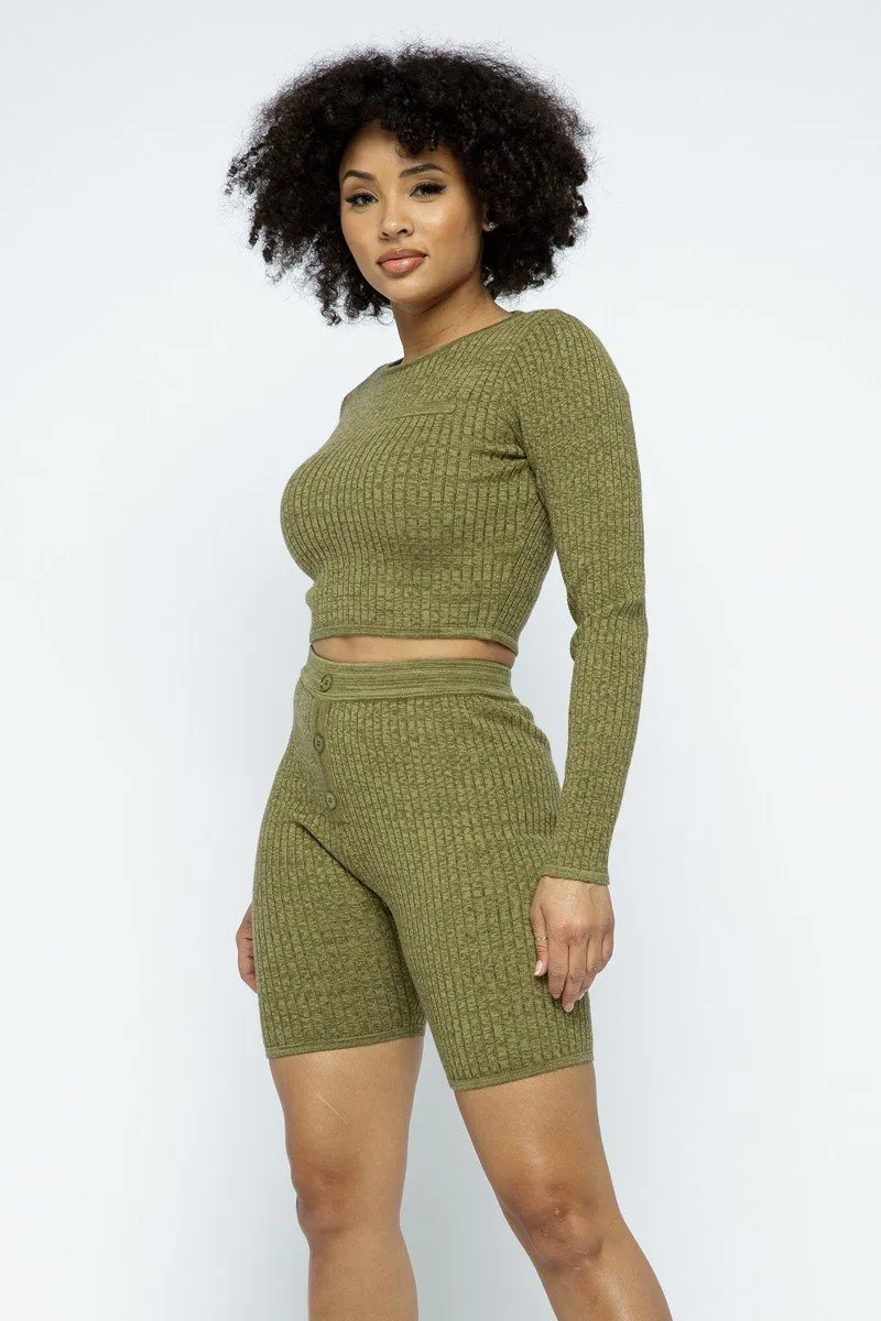 Knit LS Cropped Top Biker Shorts Set