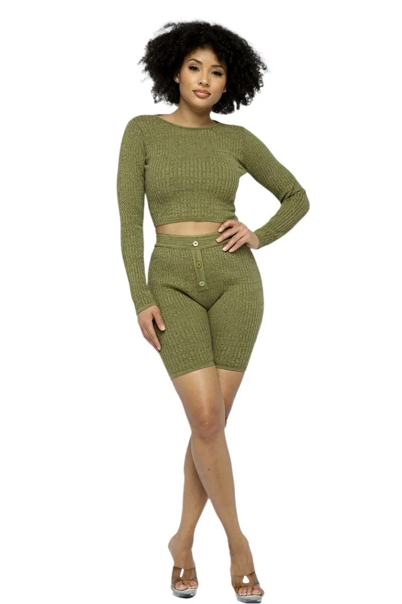 Knit LS Cropped Top Biker Shorts Set