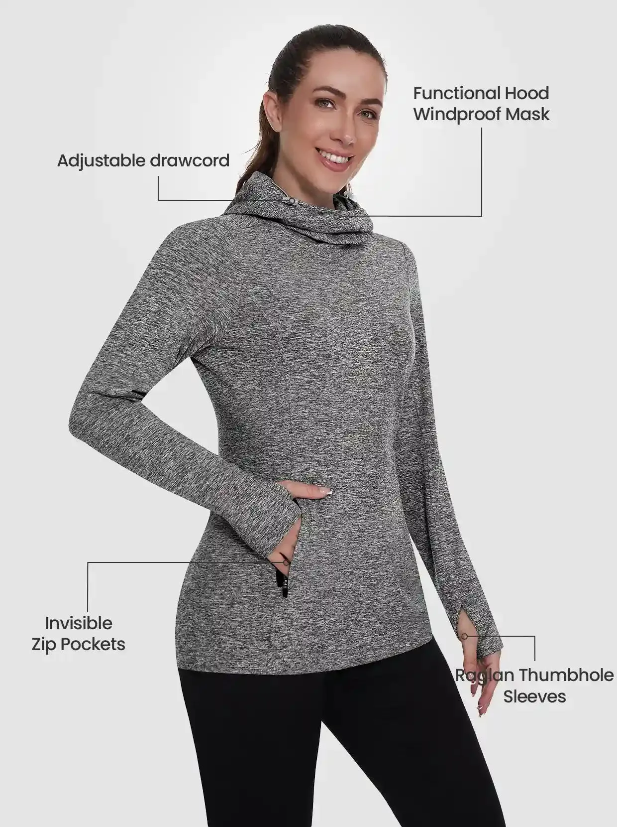 Ladies Hoodies Long-sleeve Thermal Top With Thumb Holes