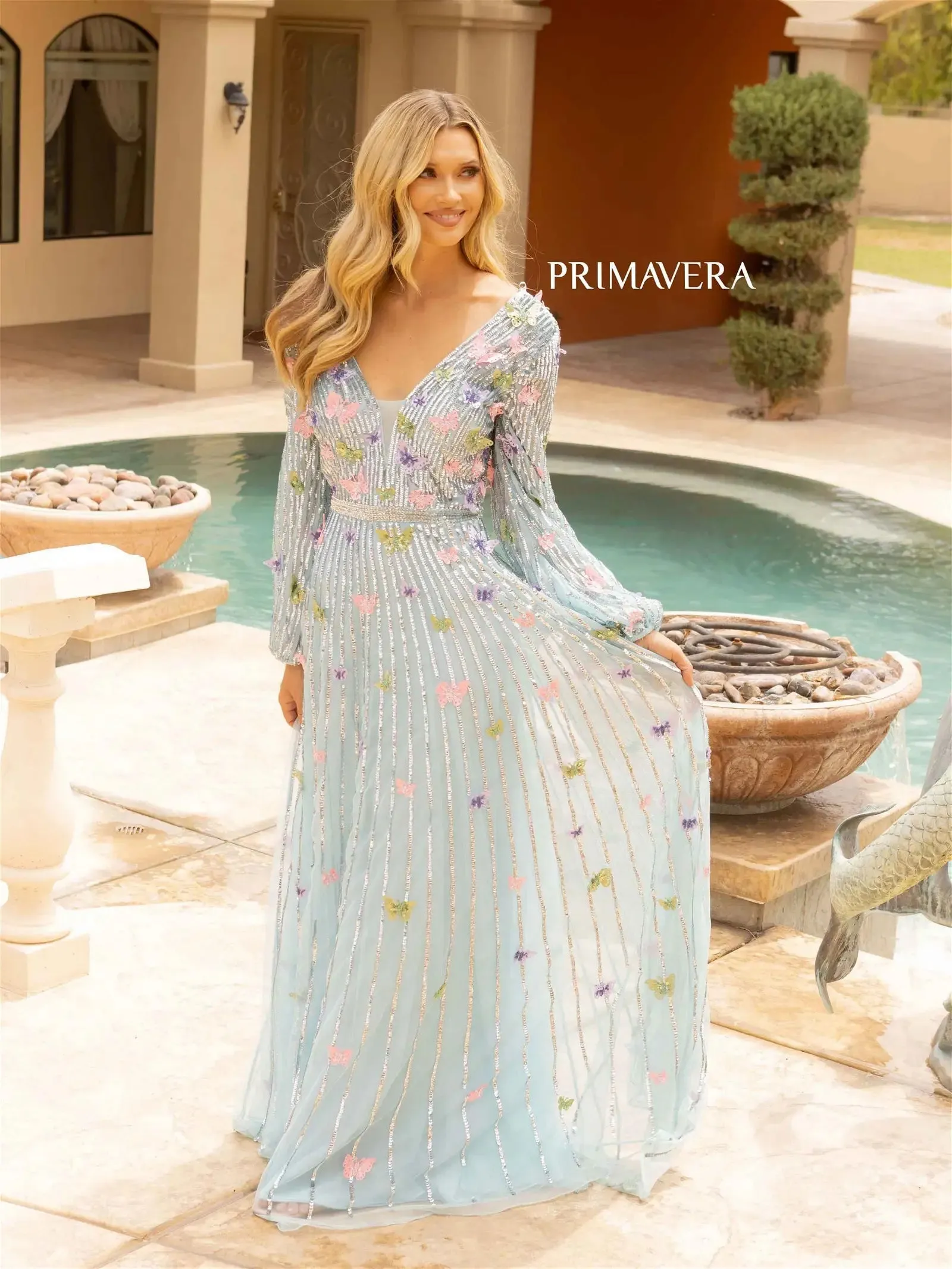 Lilit | Long Sleeve Butterfly Embroidered Gown | Primavera 12024