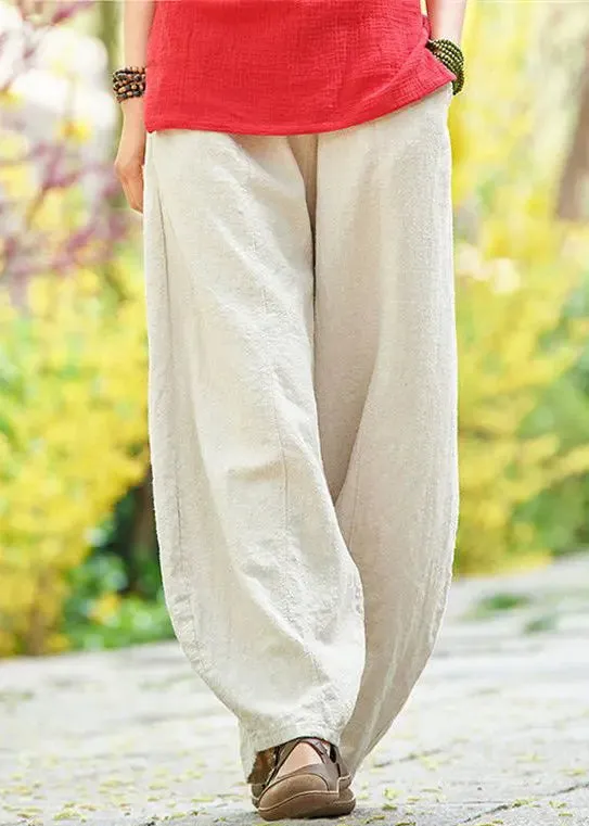 Loose Apricot Pockets Elastic Waist Linen Pants Summer CG1057