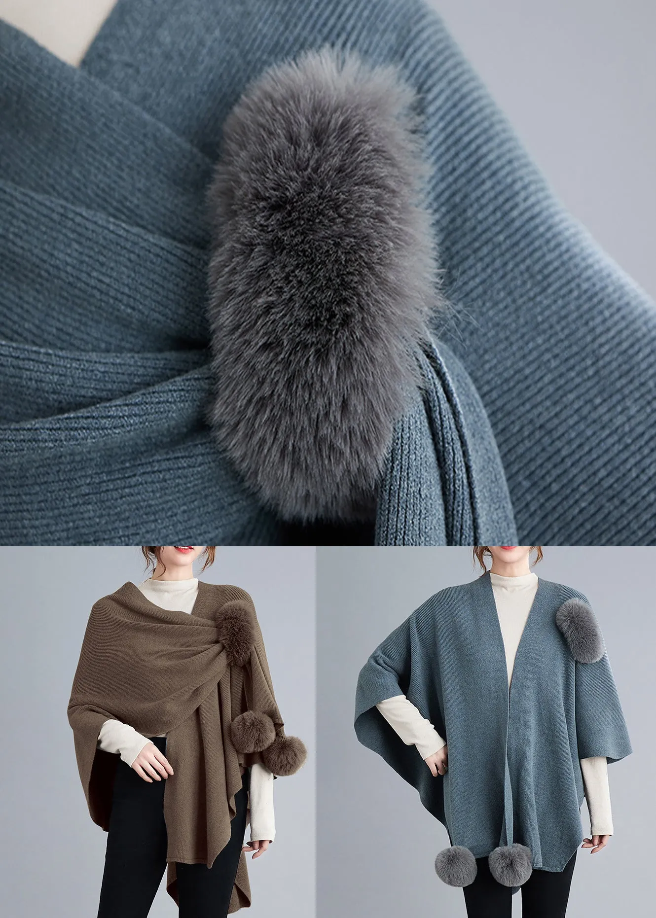 Loose Khaki Asymmetrical Fuzzy Ball Patchwork Knit Cape Coats Fall