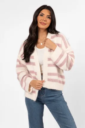 Made My Change Mauve and Cream Fuzzy Striped Cardigan