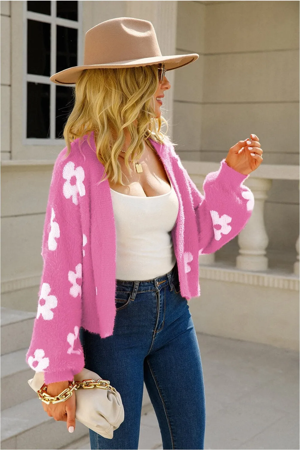 NicholesGifts Women Floral Open Front Fuzzy Cardigan