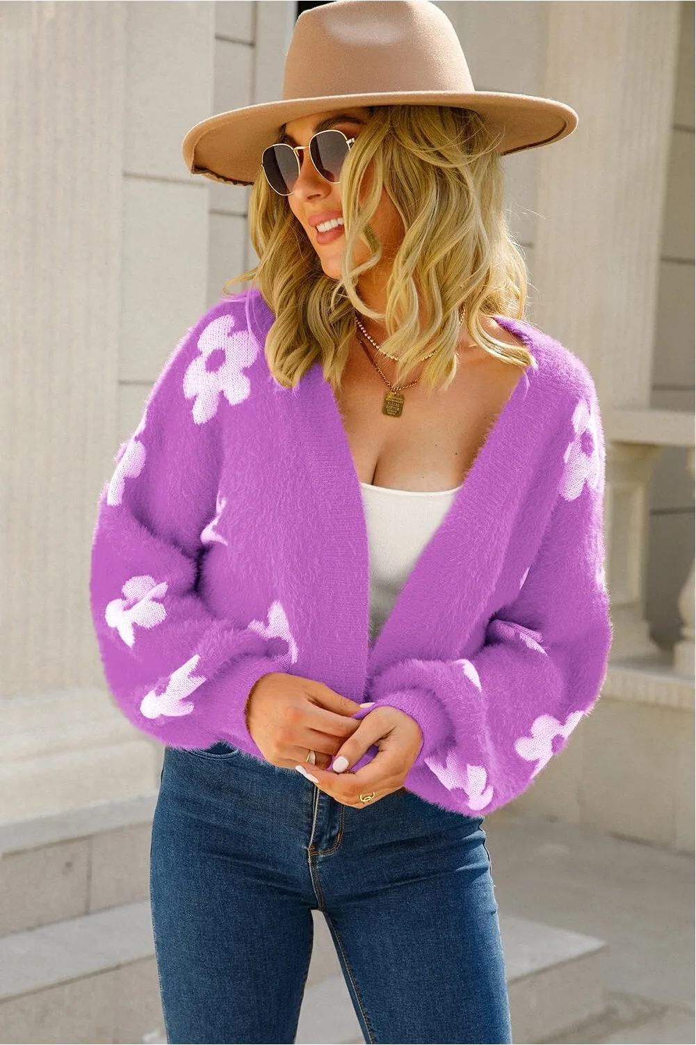 NicholesGifts Women Floral Open Front Fuzzy Cardigan