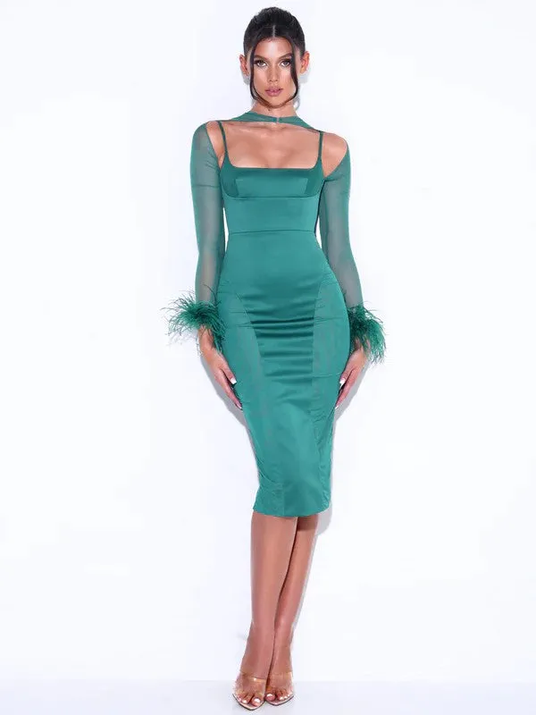 Oaklie Emerald Green Satin Mesh Sleeve Dress