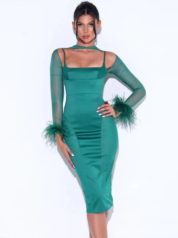 Oaklie Emerald Green Satin Mesh Sleeve Dress