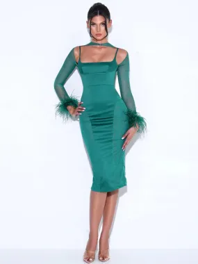 Oaklie Emerald Green Satin Mesh Sleeve Dress