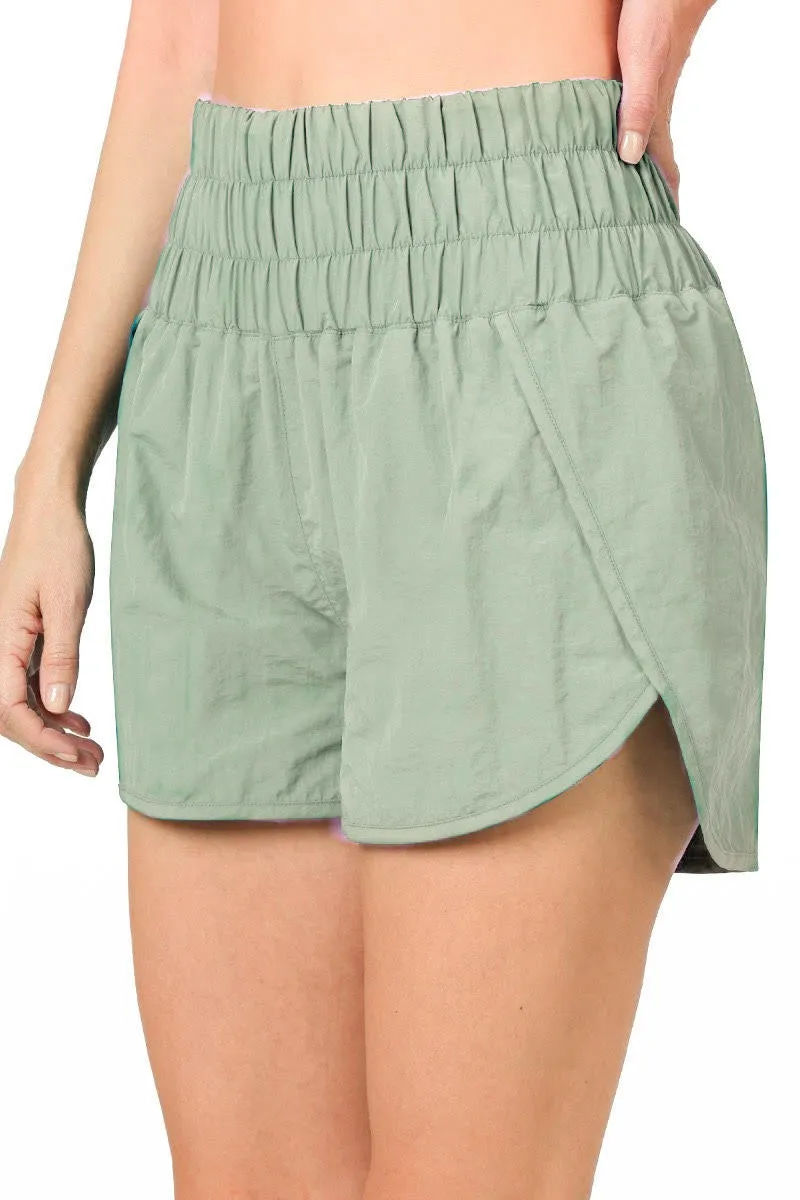 Sage High Waisted Windbreaker Running Shorts - Smocked Waistband