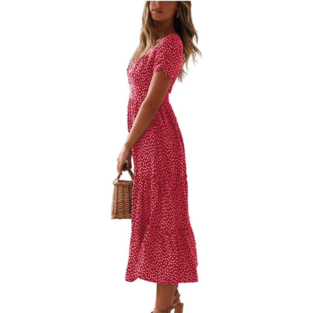 Short Sleeve Square Neck Floral Midi Dress