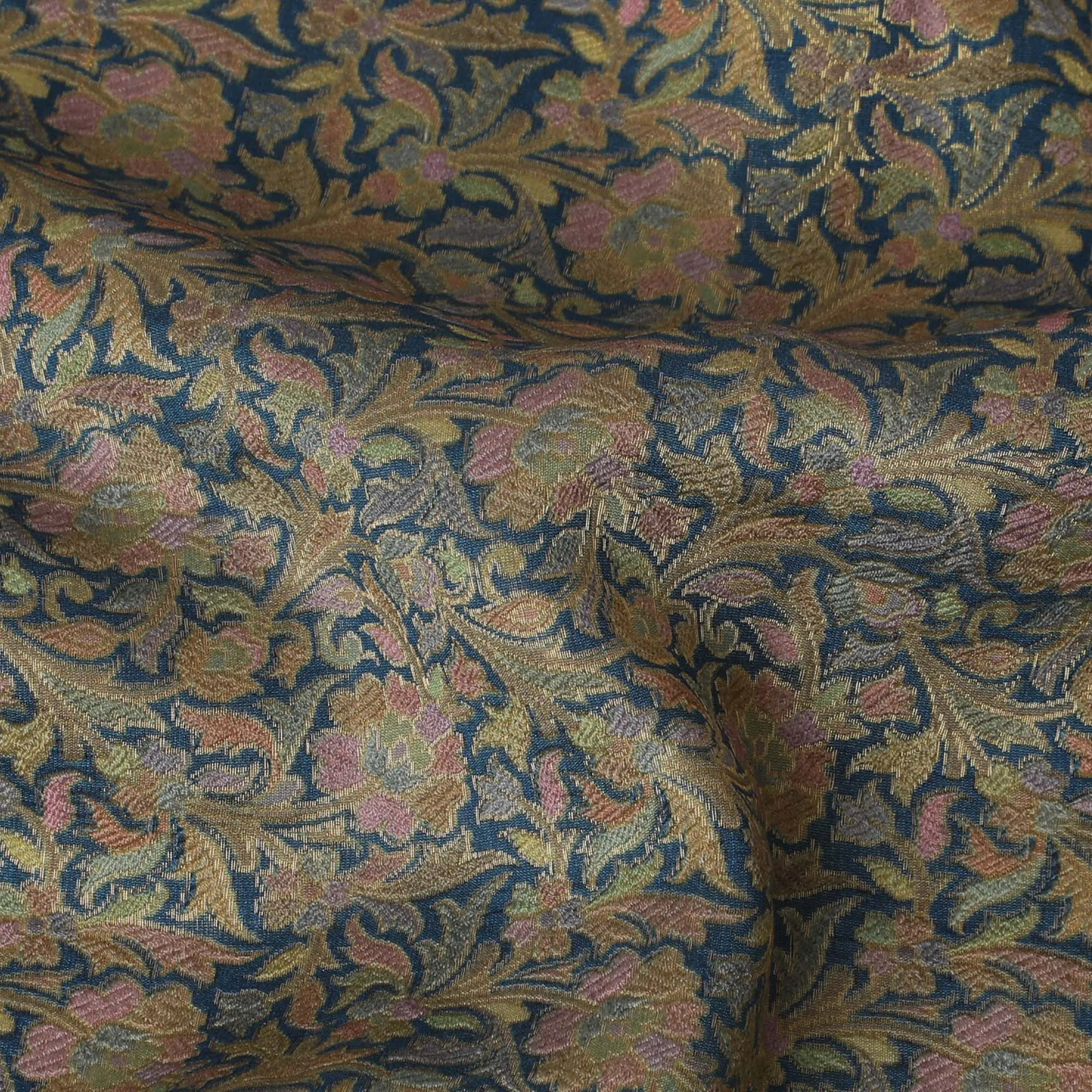 Silk Brocade Fabric with Navy Blue and Gold Floral Design, 110 cm Width, Indian Origin-D19749