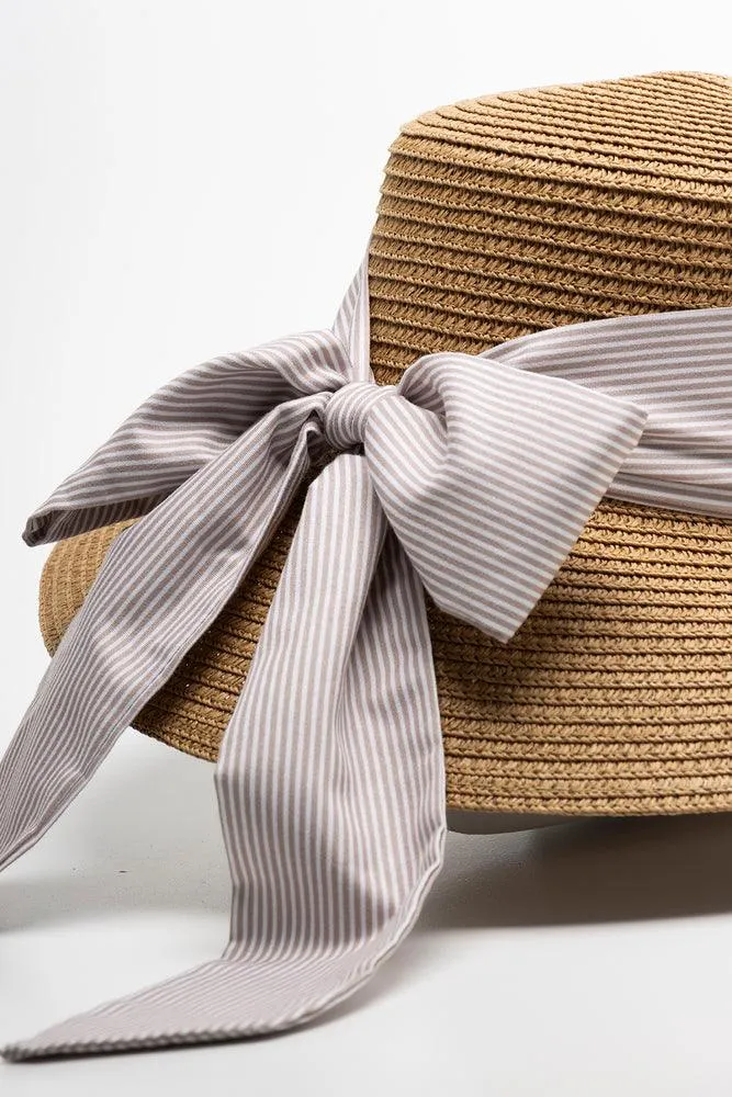 Stone And White Ribbon Straw Bucket Natural