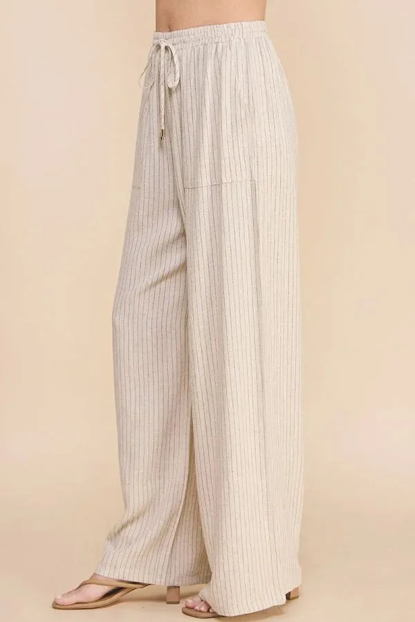 STRIPED LINEN SMOCK WAIST PANTS