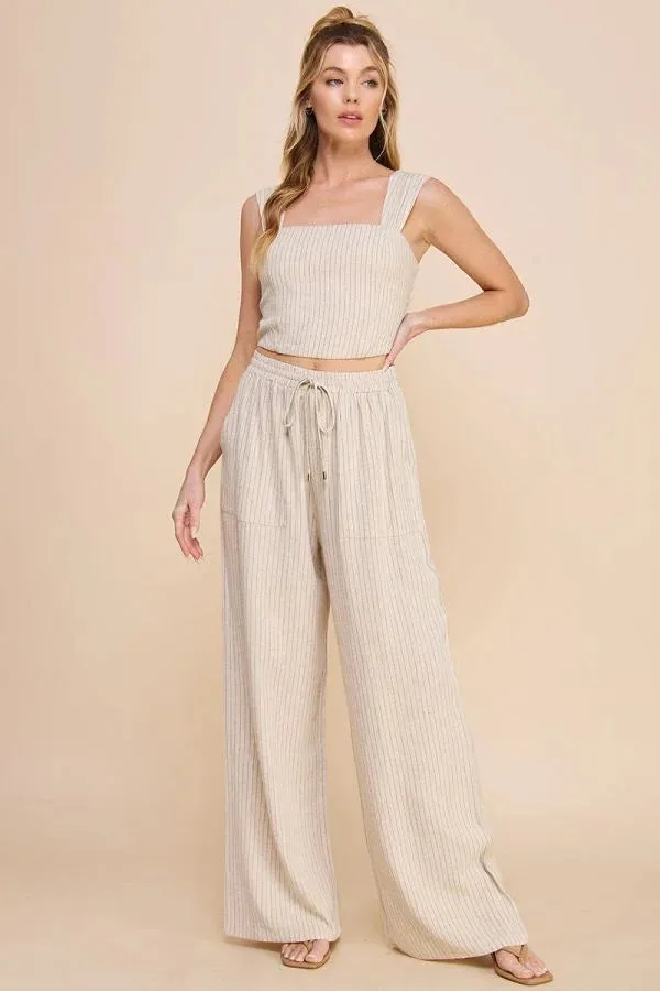 STRIPED LINEN SMOCK WAIST PANTS