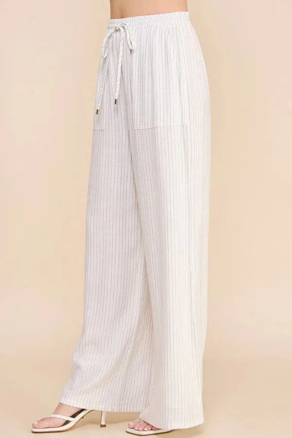 STRIPED LINEN SMOCK WAIST PANTS