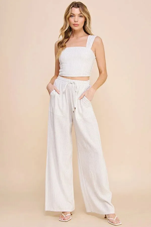 STRIPED LINEN SMOCK WAIST PANTS