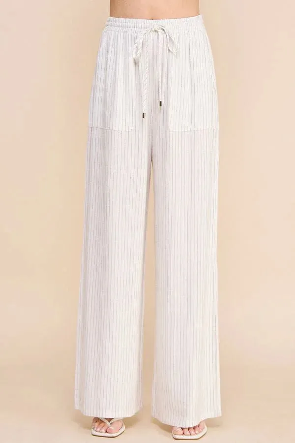 STRIPED LINEN SMOCK WAIST PANTS