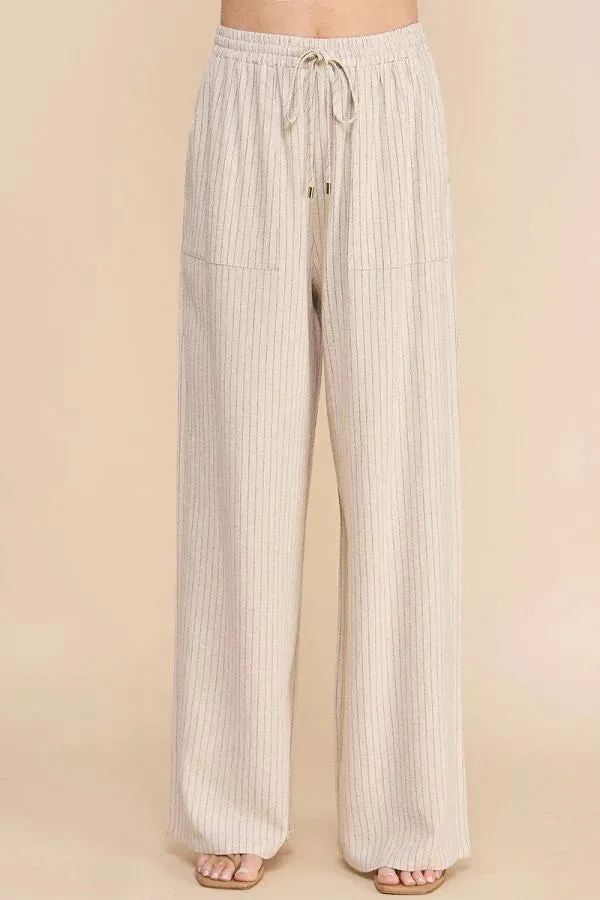 STRIPED LINEN SMOCK WAIST PANTS