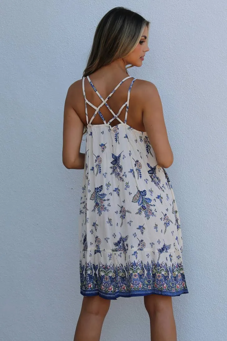 Sweet Flowy Mini Dress ~ Cream & Blue