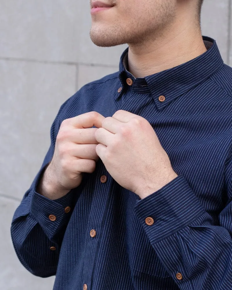 ToK Shirt, Long Sleeve Button-Up, Indigo with Thin Light Blue Shima