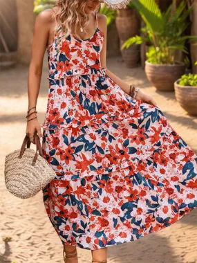 Women Flowy Floral Tiered Midi Dress