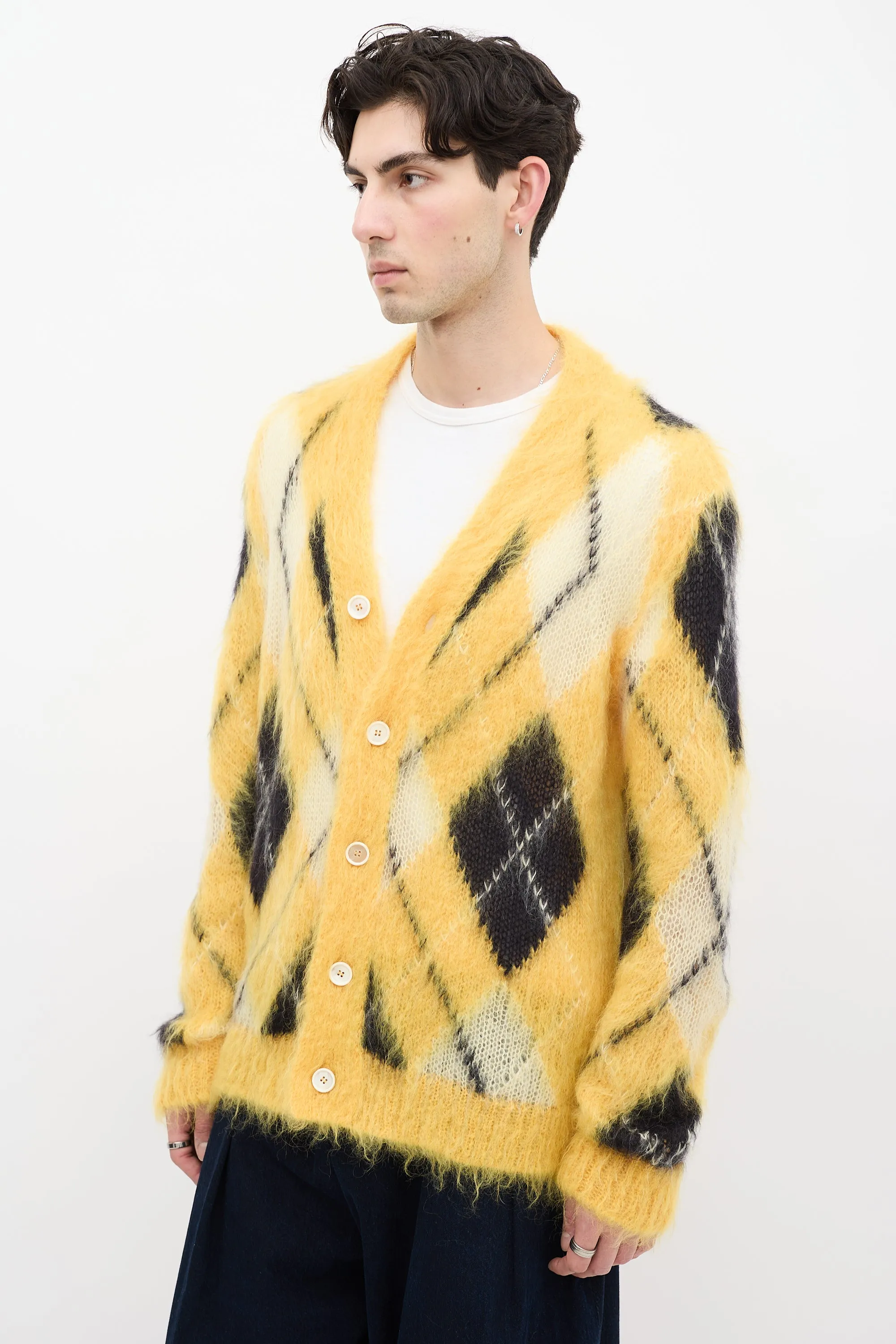 Yellow & Black Mohair Fuzzy Wuzzy Argyle Cardigan