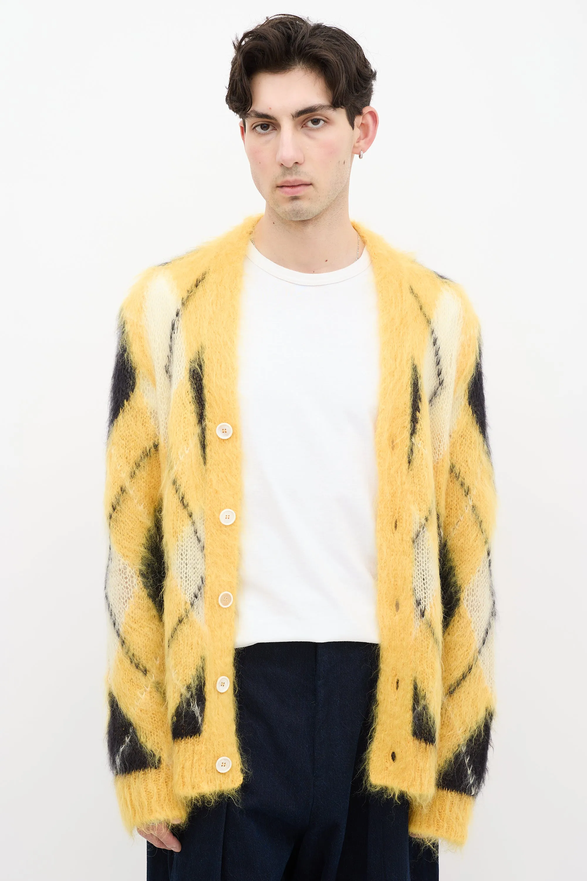 Yellow & Black Mohair Fuzzy Wuzzy Argyle Cardigan