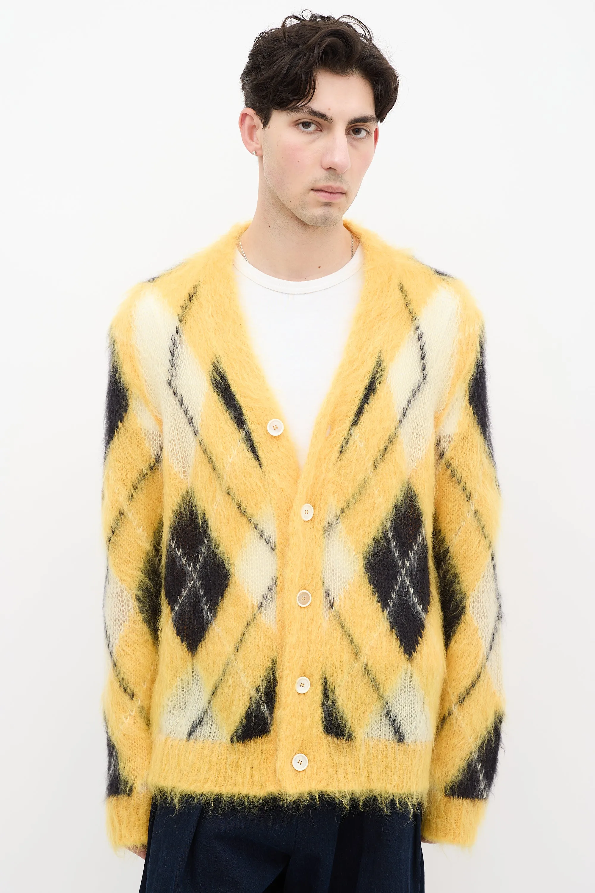 Yellow & Black Mohair Fuzzy Wuzzy Argyle Cardigan