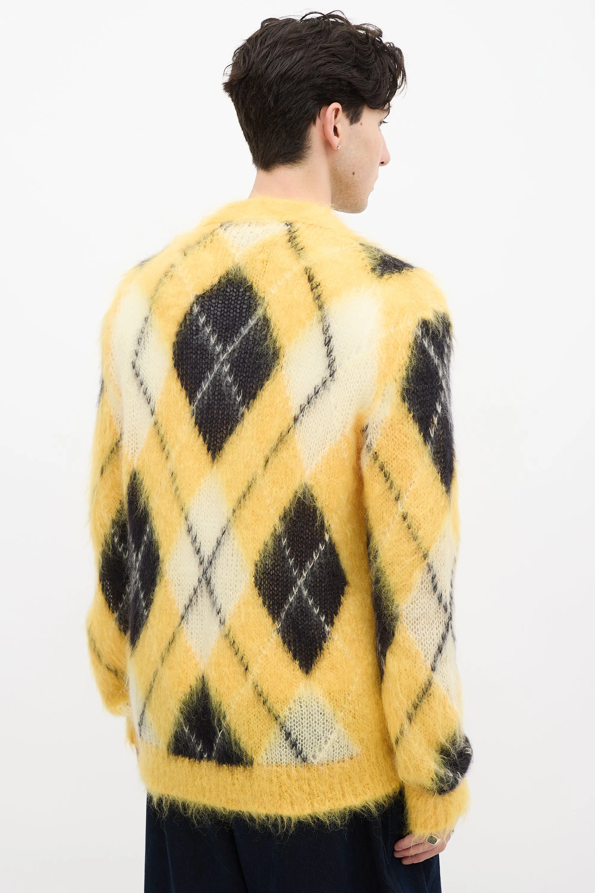 Yellow & Black Mohair Fuzzy Wuzzy Argyle Cardigan